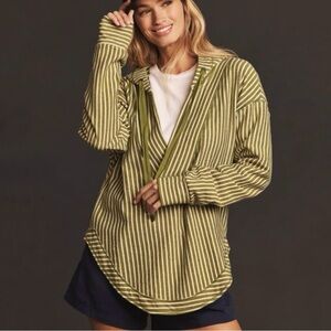 Anthropologie Pilcro Wharfside Hooded Sweatshirt Green Cream Striped Size S